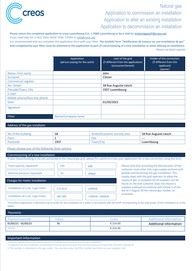 Luxembourg Creos gas utility bill template in Word and PDF format 